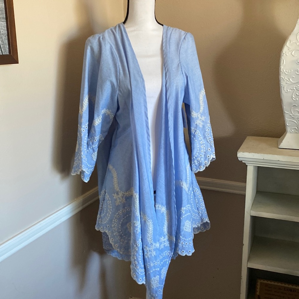 Light blue Embroidered Open Front Tunic Kimono